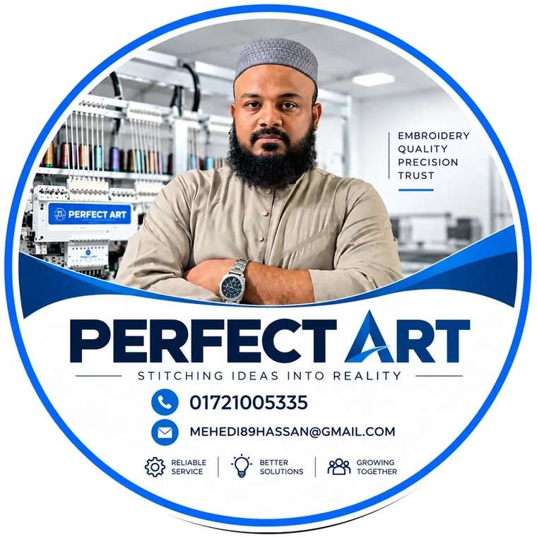 Mehedi Hassan, proprietor of Perfect Art, in the Perfect Art brand badge