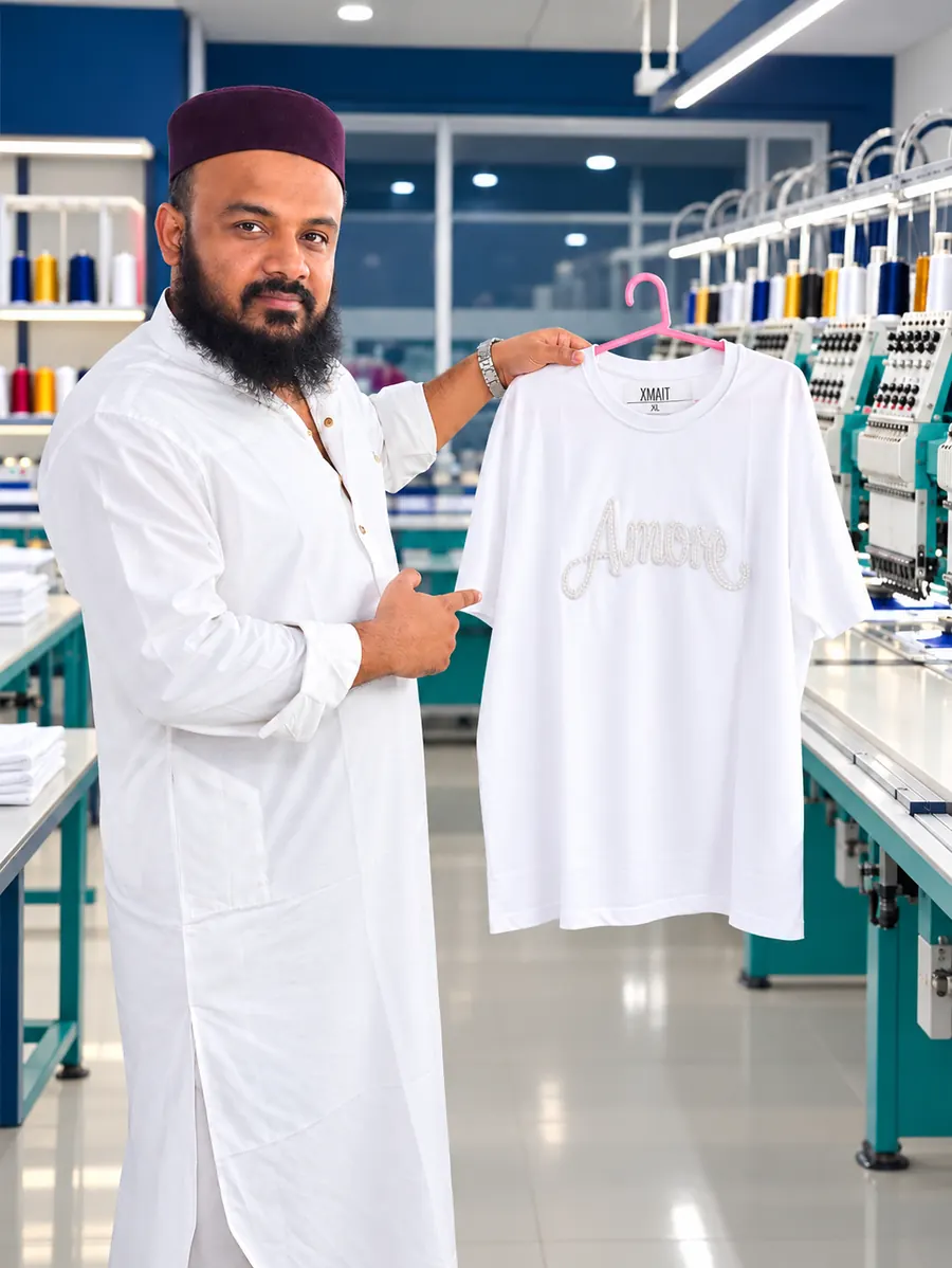 Perfect Art Trendy & Premium — Mehedi Hassan in front of a Perfect Art embroidery machine